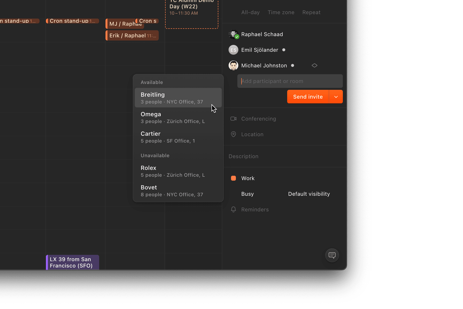 A window showing Cron. The user is creating an event with 2 other people, showing a drop-down menu for available meeting rooms.